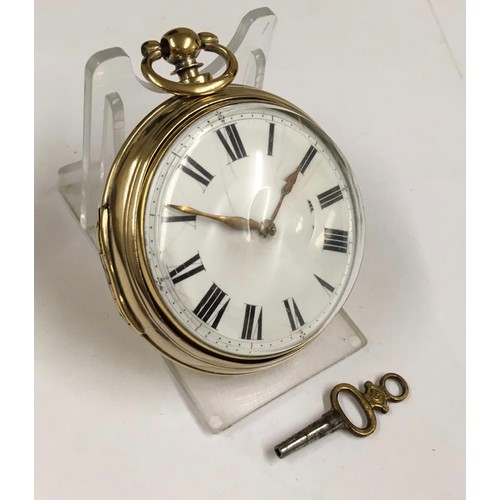 537 - Antique gilt silver verge fusee pocket watch with movement cover and key (ticking)