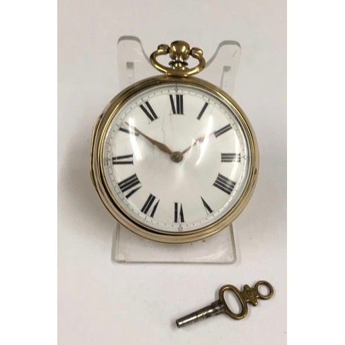 537 - Antique gilt silver verge fusee pocket watch with movement cover and key (ticking)