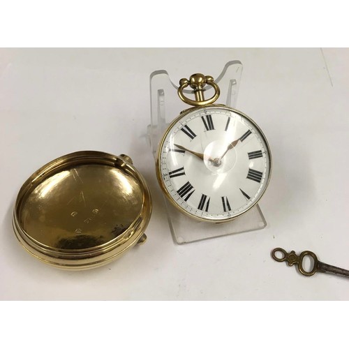 537 - Antique gilt silver verge fusee pocket watch with movement cover and key (ticking)