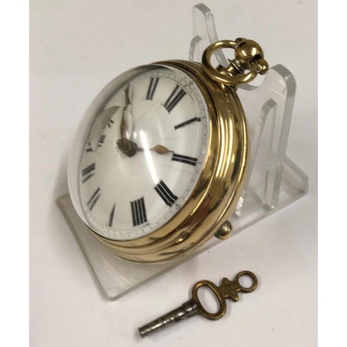 537 - Antique gilt silver verge fusee pocket watch with movement cover and key (ticking)