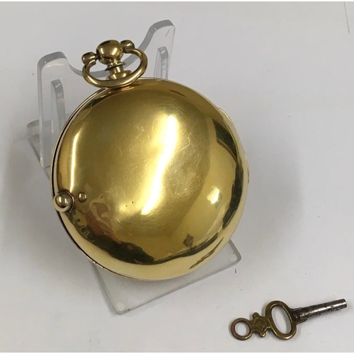 537 - Antique gilt silver verge fusee pocket watch with movement cover and key (ticking)