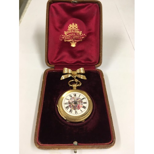 539 - Antique gilt silver ladies pocket watch with bow and box, vote for women dial, ticks when shaken.