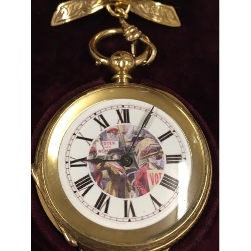 539 - Antique gilt silver ladies pocket watch with bow and box, vote for women dial, ticks when shaken.