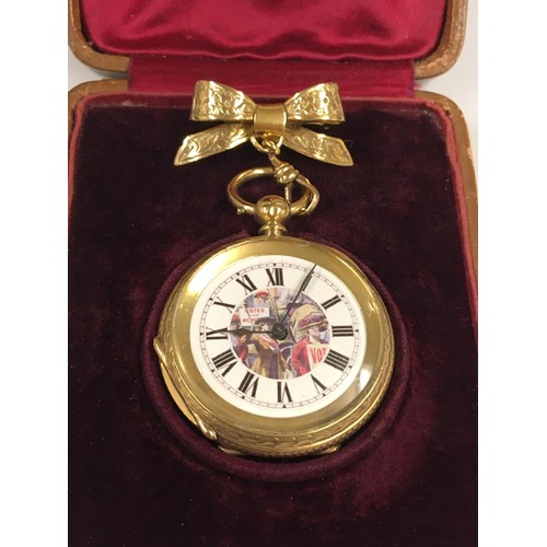 539 - Antique gilt silver ladies pocket watch with bow and box, vote for women dial, ticks when shaken.