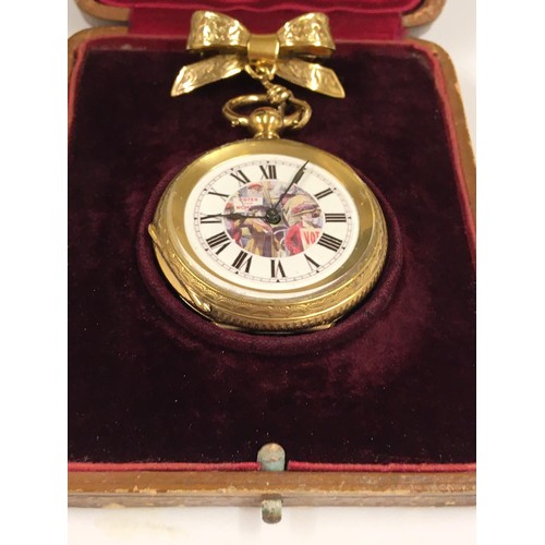 539 - Antique gilt silver ladies pocket watch with bow and box, vote for women dial, ticks when shaken.