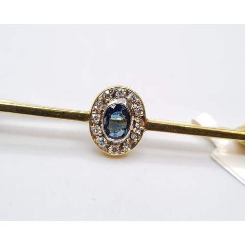 249 - 18CT YELLOW GOLD DIAMOND & SAPPHIRE BROOCH, WEIGHT 3.3G. LENGTH 5CMS