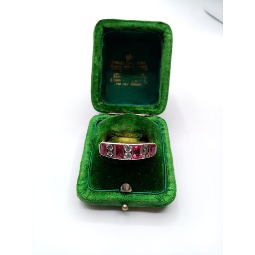 543 - Antique 18ct Gold Ring with Diamonds and Pink Ruby's, 3.5g, Size R.