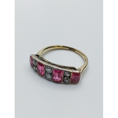 543 - Antique 18ct Gold Ring with Diamonds and Pink Ruby's, 3.5g, Size R.