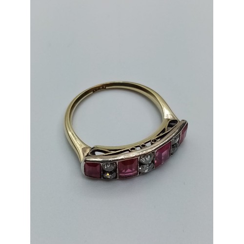 543 - Antique 18ct Gold Ring with Diamonds and Pink Ruby's, 3.5g, Size R.