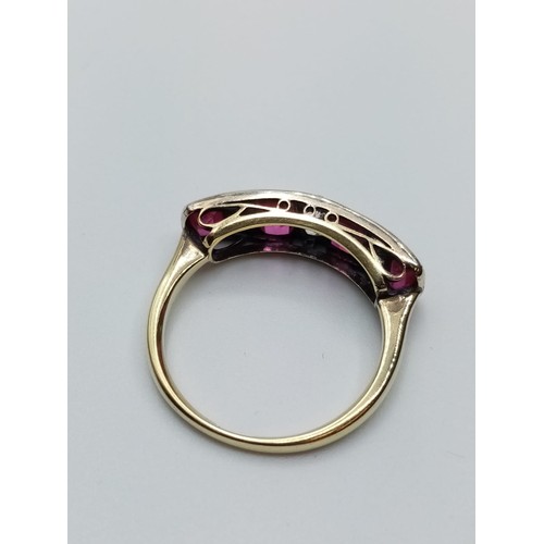 543 - Antique 18ct Gold Ring with Diamonds and Pink Ruby's, 3.5g, Size R.