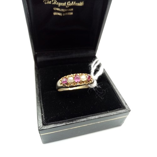 547 - Antique Yellow Metal Ring with Seed Pearls and Pink Ruby's, 2.7g, Size P.