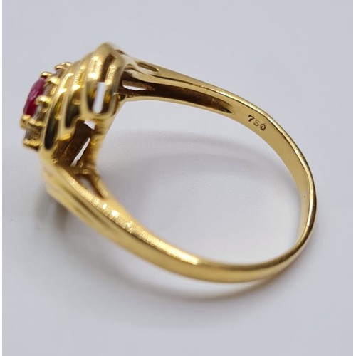 322 - 18ct yellow gold diamond & ruby ring, weight 4.4g. Size P