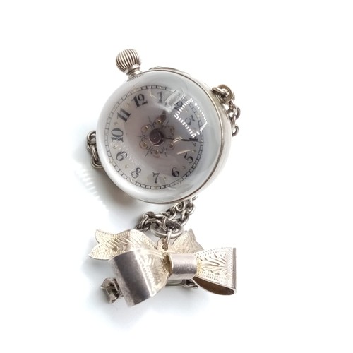 548 - A Ladies Antique Pendant Ball Watch with Magnified Works to the Back and Ornate Face and Silver Bow ... 