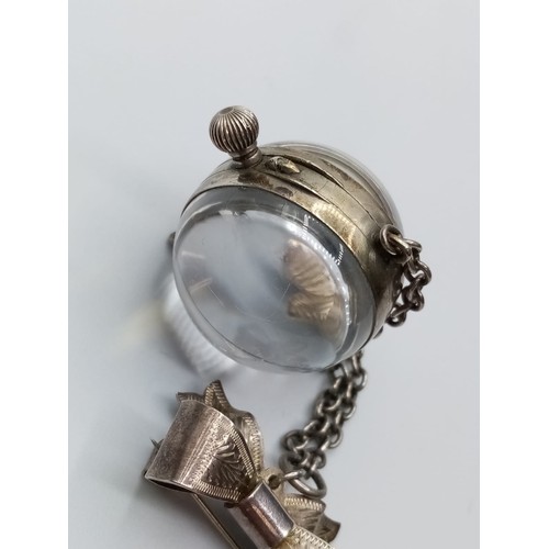 548 - A Ladies Antique Pendant Ball Watch with Magnified Works to the Back and Ornate Face and Silver Bow ... 