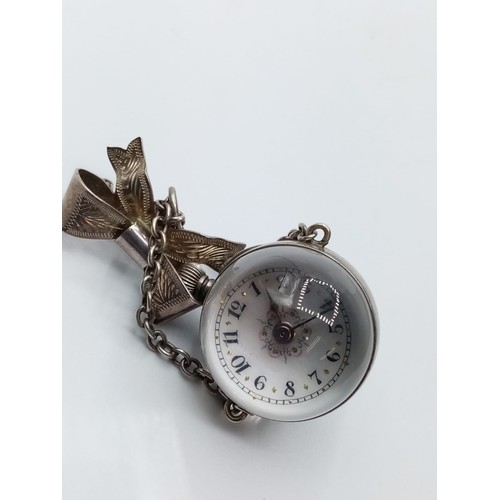 548 - A Ladies Antique Pendant Ball Watch with Magnified Works to the Back and Ornate Face and Silver Bow ... 