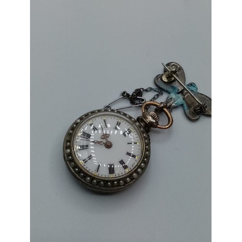 549 - Antique Ladies Pendant Watch Decorated with Seed Pearls and the Back Case Having an Enamelled Pictur... 