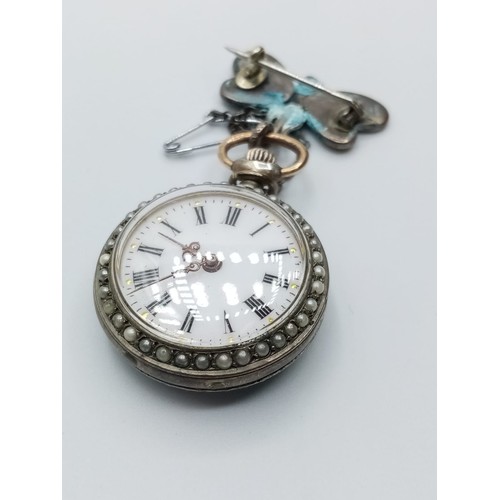 549 - Antique Ladies Pendant Watch Decorated with Seed Pearls and the Back Case Having an Enamelled Pictur... 