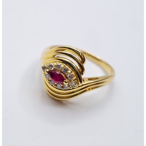 322 - 18ct yellow gold diamond & ruby ring, weight 4.4g. Size P