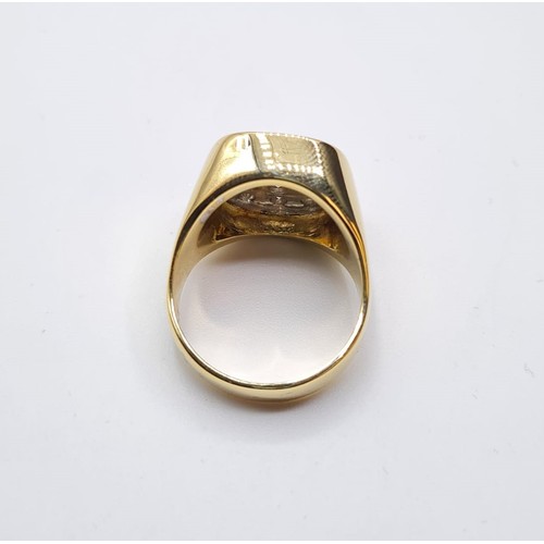 502 - 18CT YELLOW GOLD DIAMOND SIGNET RING, WEIGHT 12.7G. SIZE M