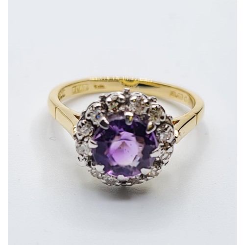 503 - 18CT YELLOW GOLD DIAMOND AND AMETHYST CLUSTER RING, WEIGHT 4.8G. SIZE N