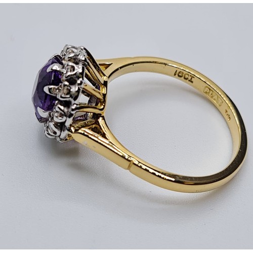 503 - 18CT YELLOW GOLD DIAMOND AND AMETHYST CLUSTER RING, WEIGHT 4.8G. SIZE N