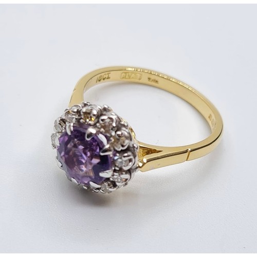 503 - 18CT YELLOW GOLD DIAMOND AND AMETHYST CLUSTER RING, WEIGHT 4.8G. SIZE N