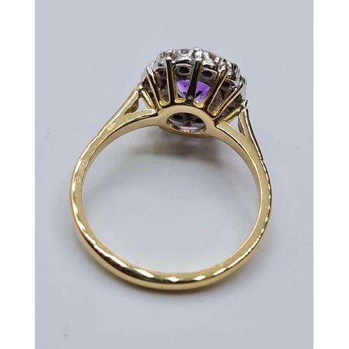 503 - 18CT YELLOW GOLD DIAMOND AND AMETHYST CLUSTER RING, WEIGHT 4.8G. SIZE N