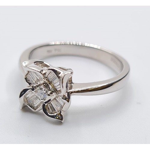 385 - 18CT WHITE GOLD DIAMOND SET FLOWER HEAD RING, WEIGHT 4.3G AND 0.40CT APPROX. SIZE O