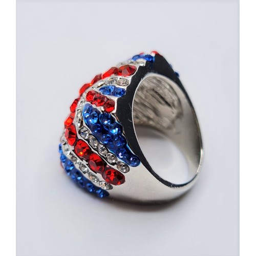 78 - A silver (stamped 925) ring with red, blue and clear gems set as a Union Jack. Ring size: 7 Total we... 