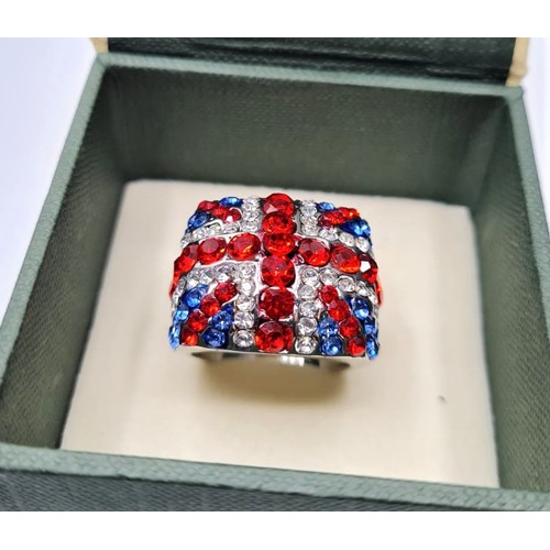 78 - A silver (stamped 925) ring with red, blue and clear gems set as a Union Jack. Ring size: 7 Total we... 