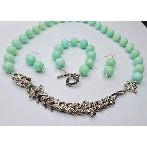 84 - An amazonite necklace. bracelet and earrings set. Necklace length: 63cm, bracelet length: 21cm, earr... 