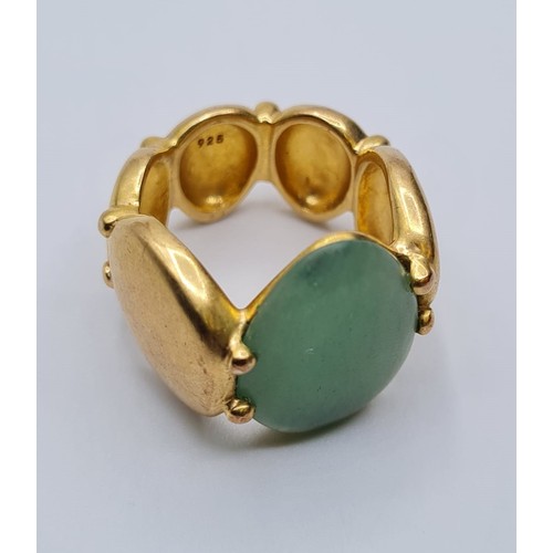 211 - STERLING SILVER WITH GOLD VERMEIL GREEN STONE RING, WEIGHT 13.3G. Size L/M