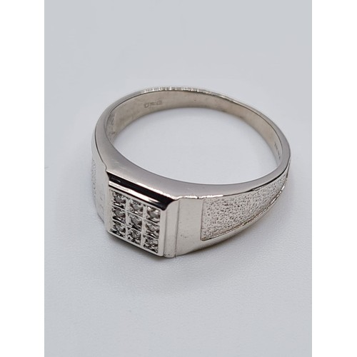 35 - 18CT WHITE GOLD DIAMOND SET SIGNET RING, WEIGHT 5.2G