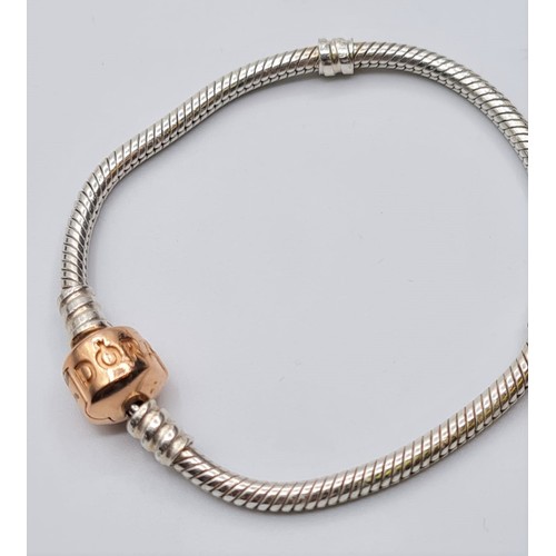 367 - PANDORA STERLING SILVER bracelet WITH ROSE GOLD PLATED CLASP.