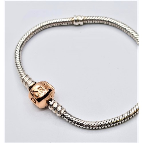 367 - PANDORA STERLING SILVER bracelet WITH ROSE GOLD PLATED CLASP.