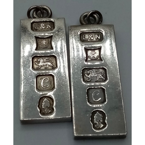 270 - 2 Vintage Silver Ingot Pendants, Hallmarks for Birmingham 1977, 3.3cm approx, 30 grams approx.