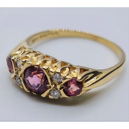 181 - 9CT YELLOW GOLD DIAMOND & PINK SAPPHIRE RING, WEIGHT 2.9G. Size O