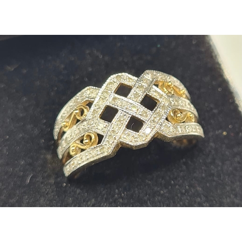 136 - Diamond Set 9ct Yellow and White Gold Cocktail Ring. Interwoven Design 0.25 Carat Diamonds, size P