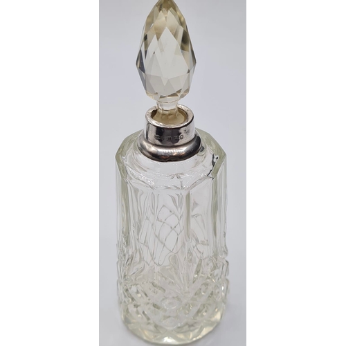 158 - Victorian Cut Glass Scent Bottle with A Hallmarked Silver Collar, 263g, 16cms Tall.