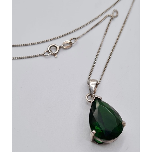 280 - Stone Set Silver Pendant and Chain. Having a Large Green Diopside Pear Shaped Stone on a Silver Chai... 