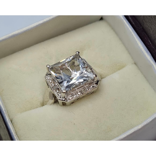 284 - Silver Ring with Large Square Swarovski Zirconia to Top Mount Having Pierced Filigree Work to Sides ... 