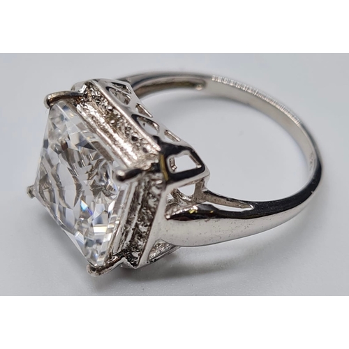 284 - Silver Ring with Large Square Swarovski Zirconia to Top Mount Having Pierced Filigree Work to Sides ... 