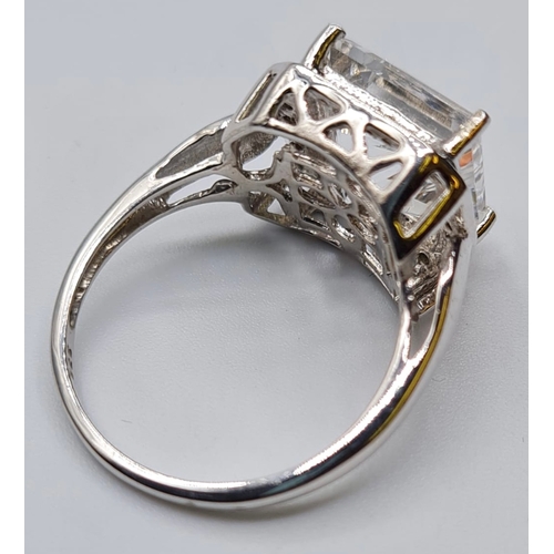 284 - Silver Ring with Large Square Swarovski Zirconia to Top Mount Having Pierced Filigree Work to Sides ... 