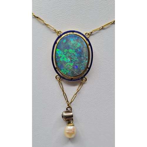 350 - Victorian 9ct Mourning Pendant & Necklace with Opal Face and a Drop Diamond and Pearl, Rear Glass Mi... 