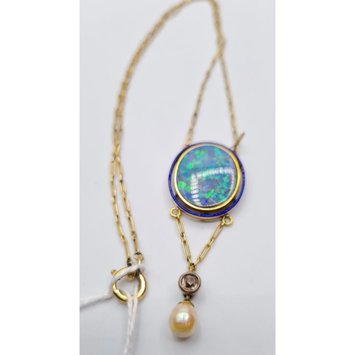 350 - Victorian 9ct Mourning Pendant & Necklace with Opal Face and a Drop Diamond and Pearl, Rear Glass Mi... 