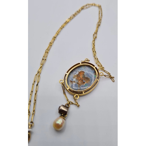 350 - Victorian 9ct Mourning Pendant & Necklace with Opal Face and a Drop Diamond and Pearl, Rear Glass Mi... 