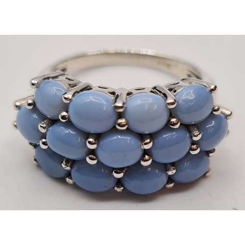 364 - Stone Set Silver Cluster Ring Having Pale Blue/ Grey Smooth Oval Stones in a Filigree Mount, 925 Sil... 