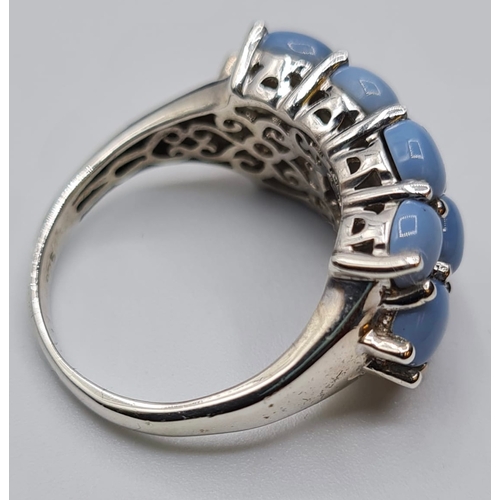 364 - Stone Set Silver Cluster Ring Having Pale Blue/ Grey Smooth Oval Stones in a Filigree Mount, 925 Sil... 