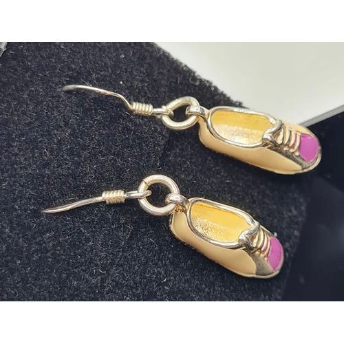 380 - Pair of Silver and Enamel Drop Earrings in the Form of a Pair of Sneakers. Silver Enameled in Cream ... 