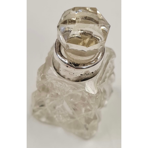 389 - Small Edwardian Cut Crystal Perfume Bottle, With Hallmarked Silver Collar.